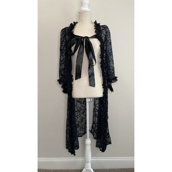 Lace Sheer Kimono Coverup Robe M 8 Whimsigoth Dark Ruffle Dress Gown Costume Wed - Picture 2 of 12
